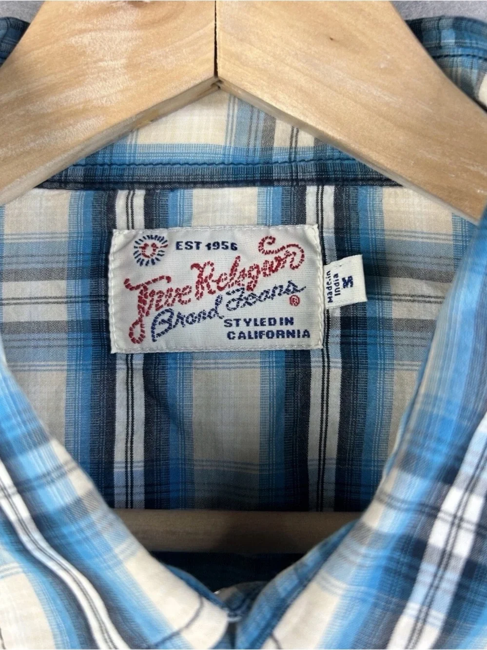 True Religion Men's Shirt Med Western Blue Plaid Pearl Snap Button Cowboy Core